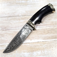Нож Егерь-Охота ст.Дамаск (чёрное дерево/гравировка) (Сёмин) СЕМ034